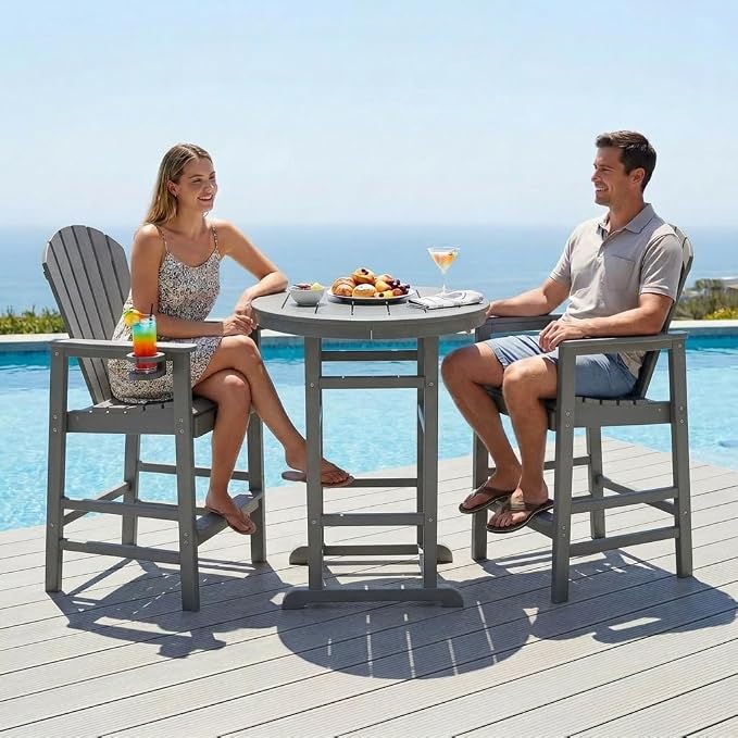 3-Piece Gray HDPE Indoor/Outdoor Bar Height Bistro Set, 31.1" Round Pub Table with 2 Bar Stools, All-Weather Patio Furniture for Balcony, Deck, Poolside & Coastal Use