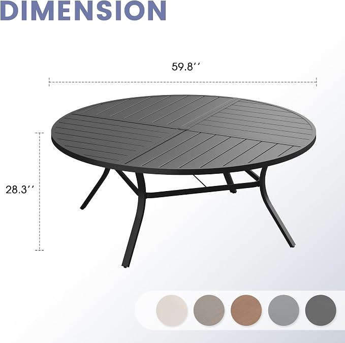 VICLLAX 60" Round Outdoor Table, Patio Dining Table for 8-10 with Umbrella Hole for Garden Lawn Deck Backyard, Black