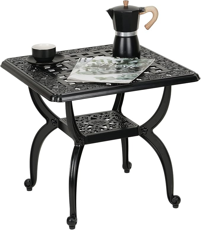 YKSY&YKSY Jardin DE Centennial Cast Aluminum Outdoor Side Table,Anti-Rust Outdoor End Table,Patio Coffee Bistro Table for Indoor,Garden,Porch,Balcony(Square Black)