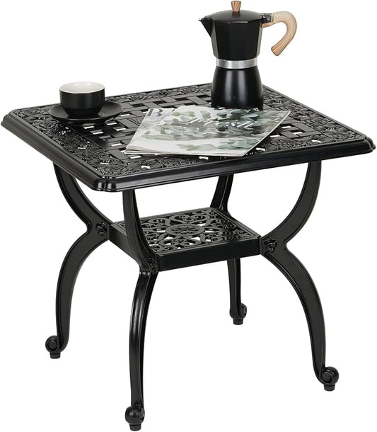 YKSY&YKSY Jardin DE Centennial Cast Aluminum Outdoor Side Table,Anti-Rust Outdoor End Table,Patio Coffee Bistro Table for Indoor,Garden,Porch,Balcony(Square Black)