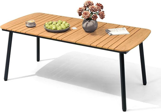 Crestlive Products Outdoor Dining Table for 6, 70In Aluminum Patio Table with Umbrella Hole Weather Resistant Rectangle OutsideTables for Patio Garden Lawn, Brown