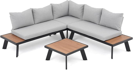 SUNSITT 4-Piece Outdoor Patio Furniture Set L-Shaped Aluminum Sectional Sofa with Faux Wood Grain Top Coffee Table, All-Weather Patio Conversation Set with Cushions, Light Grey