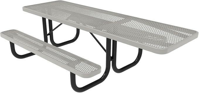 COATEDOUTDOORFURNITURE Heavy-Duty Portable ADA-Compliant Outdoor Picnic Table, Expanded Metal Patio Dining Furniture Made in America (8ft Rectangular, One-Side Handicap, Grey)