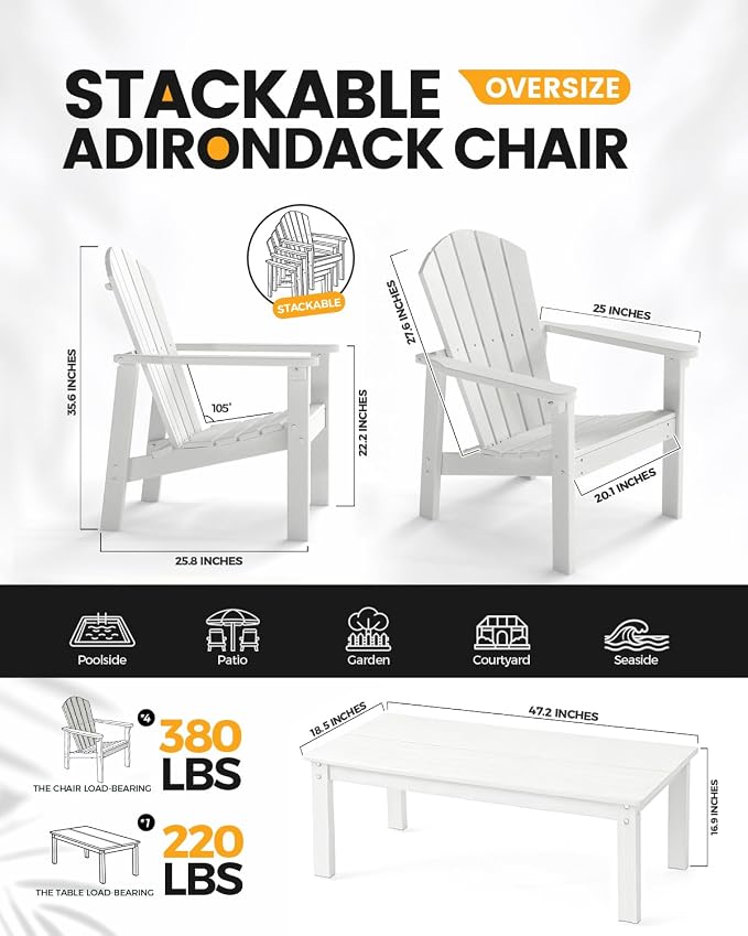 nevilywood 5-Piece HDPE Adirondack Chair Set, 4 Stackable Chairs Coffee Table, All-Weather Wood Grain, Patio Garden Backyard,White