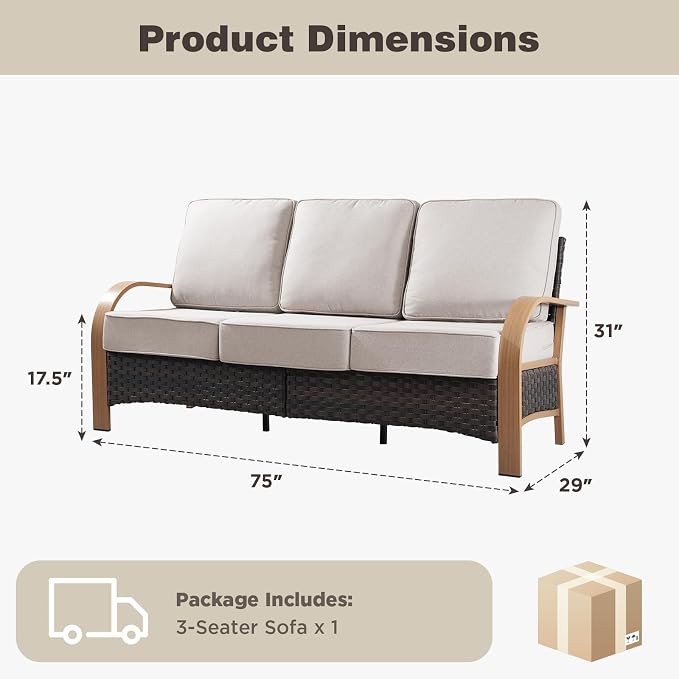 Belord Upgraded 6" Cushion Luxury 3-Seater Outdoor Couch, Wicker Patio Sofa with 6-Inch Thick Cushions, All Weather Rattan Conversation Set Furniture for Balcony Porch Deck Yard, Wood & Beige