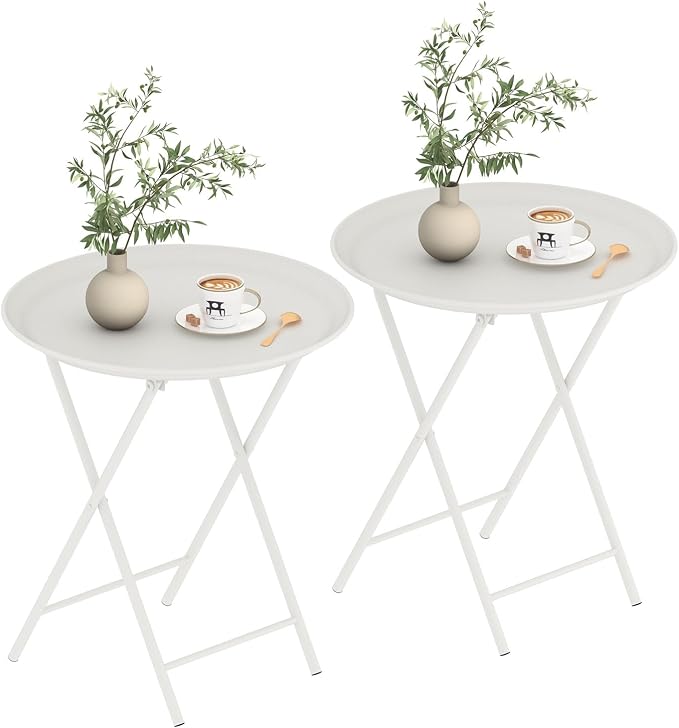 Garden 4 you Folding TV Tray Table, Metal Round Side Table, White Dinner Table with Metal Frame, Modern Outdoor Tray Table for Living Room, Bedroom, Patio & Small Spaces, 2 Packs