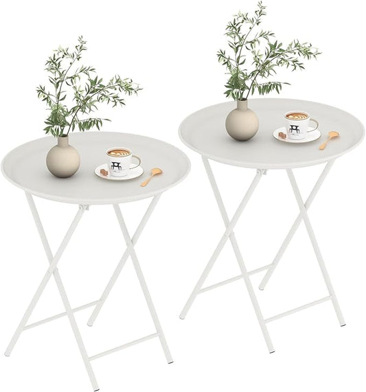 Garden 4 you Folding TV Tray Table, Metal Round Side Table, White Dinner Table with Metal Frame, Modern Outdoor Tray Table for Living Room, Bedroom, Patio & Small Spaces, 2 Packs