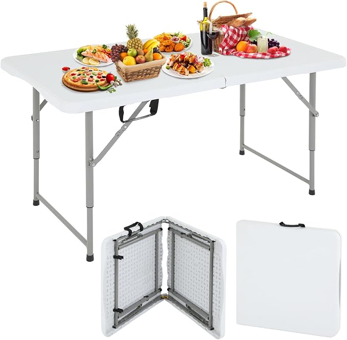 Dopinmin Camping Table 4 FT Foldable Table with Bulid in Handle Plastic Picnic Table,Folding and Portable for Party Dining Picnic Wedding Office,White