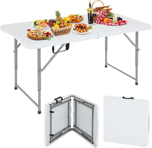 Dopinmin Camping Table 4 FT Foldable Table with Bulid in Handle Plastic Picnic Table,Folding and Portable for Party Dining Picnic Wedding Office,White