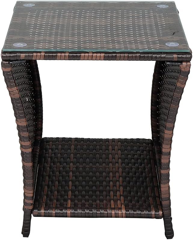 Wicker Rattan Side Table, Outdoor Square Rattan Coffee Table End Table Patio Wicker Table with Tempered Glass Top and Storage for Garden Porch Deck Backyard (Brown)