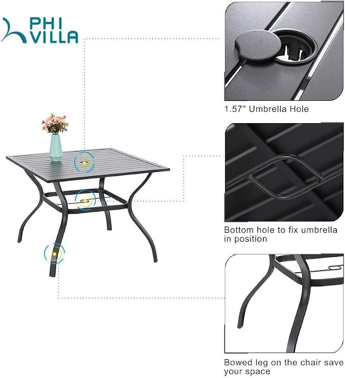 PHI VILLA Patio Dining Set for 4, Swivel Chairs& Metal Table | 37" Metal Table w/ Umbrella Hole&Swivel Wrought Iron Chairs with Cushions, Outside Furniture for Patio,Deck,Yard,Porch