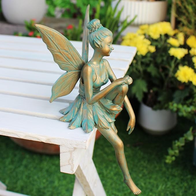 Vintage Bronze Sitting Fairy Statue Outdoor Garden Decor, 7" Tall Resin Angel Figurine Home Shelf Sitter Yard Art Sculpture for Patio Lawn Porch Ornaments
