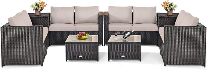 Tangkula 8 Piece Wicker Patio Set with Storage, All Weather-Proof Outdoor Conversation Set, with Loveseat, Glass Top Coffee Table & Storage Box, Suitable for Garden, Poolside, Sunroom (2, Brown)
