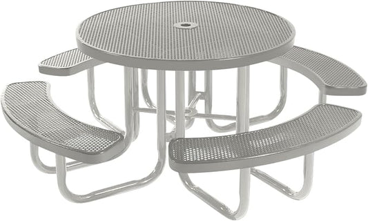COATEDOUTDOORFURNITURE Heavy-Duty Portable Outdoor Picnic Table with Umbrella Hole, Punched Steel Commercial-Grade Patio Furniture Made in America (46" Round Top, Grey with Grey Frames)