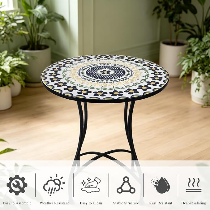 24 Inch Mosaic Patio Round Side Table with X-Curved Legs Indoor and Outdoor Accent End Table for Yard, Garden, Living Room, Bistro, B - Black Floral