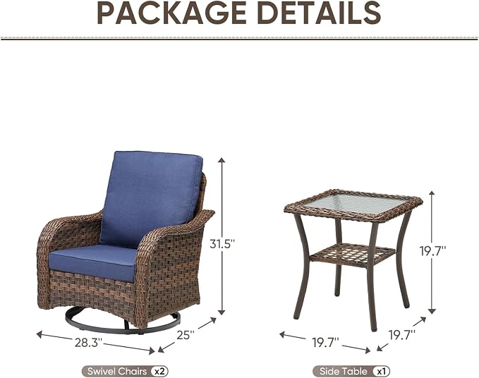 Patio Wicker Swivel Chairs -3 Piece Outdoor Swivel Rocking Chairs with Rattan Side Table, Ergonomic Design for Porch, Deck, Balcony, Garden, and Backyard(Blue)