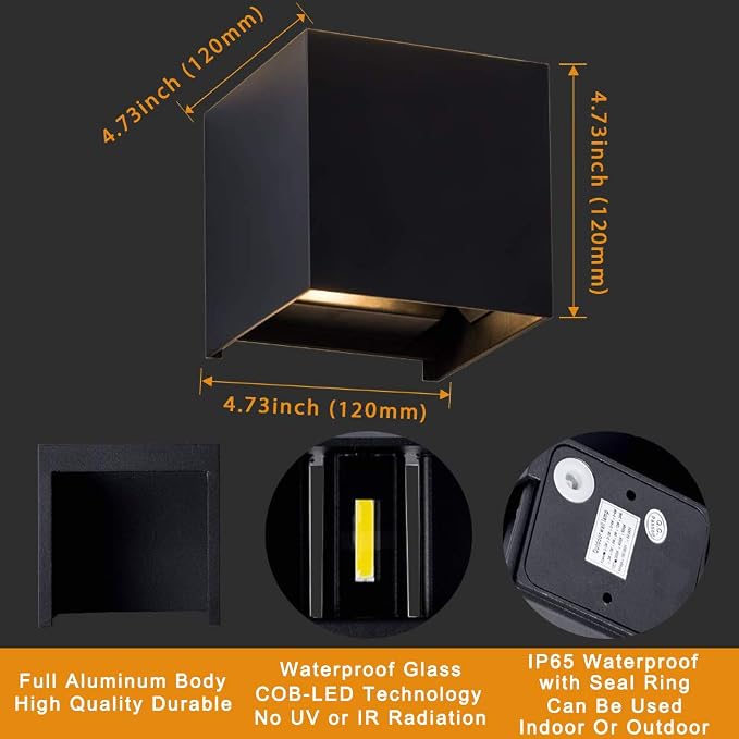 LED Aluminum Cube Square Wall Sconce Waterproof Outdoor Light Exterior Wall Lights fixtuers 20W 100-277V 2800K-3000K Not dimmable Warm Light 2LEDS Black-20W Outdoor Larger Version