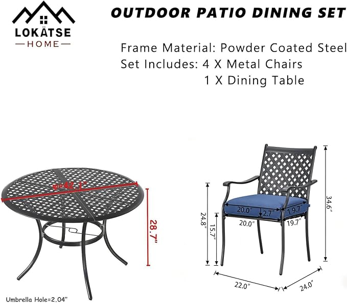 LOKATSE Home 5 PCS Outdoor Patio Dining Set with 4 Armchair with Cushions and 1 Round Table with 2.04" Umbrella Hole for Garden Backyard Poolside