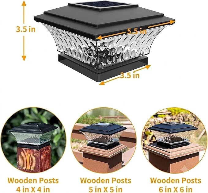 HUYIENO Solar Post Cap Lights Outdoor LED Lighting Deck Fence Cap Light Two Light Modes Warm White/Bright White Suitable for 4x4 Wooden Posts Black 4PK