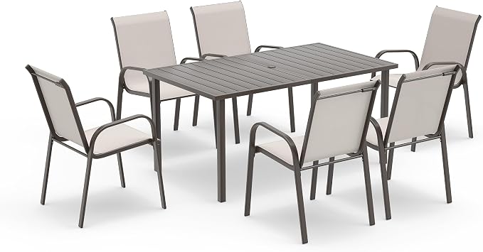 Outdoor Dining Set for 6, Patio Dining Set with Textilene Dining Chairs， Metal Dining Table with Umbrella Hole, Stackable Outdoor Chairs for Garden, Patio, Poolside and Backyard, Grey
