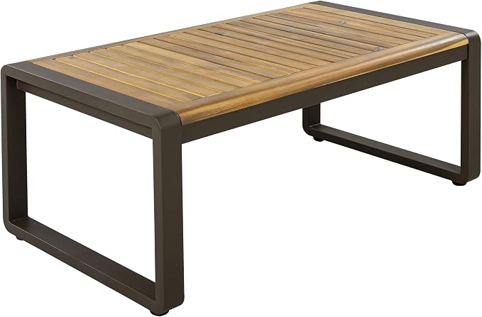 Merax 4-Piece Large Size Outdoor Conversation Sofa Set, Metal and Acacia Wood Frame Sofa with Removable Cushions, Waterproof & UV-Resistant, 5-Person Patio Furniture for Garden Backyard, Beige+Brown