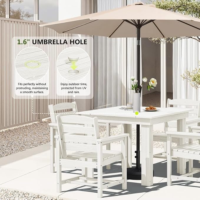 KINGYES 8-Piece HDPE Outdoor Dining Set for 6, Square Patio Table & Armchairs with Umbrella Hole, All-Weather Patio Dining Set for Backyard, Garden, Lawn & Poolside, White