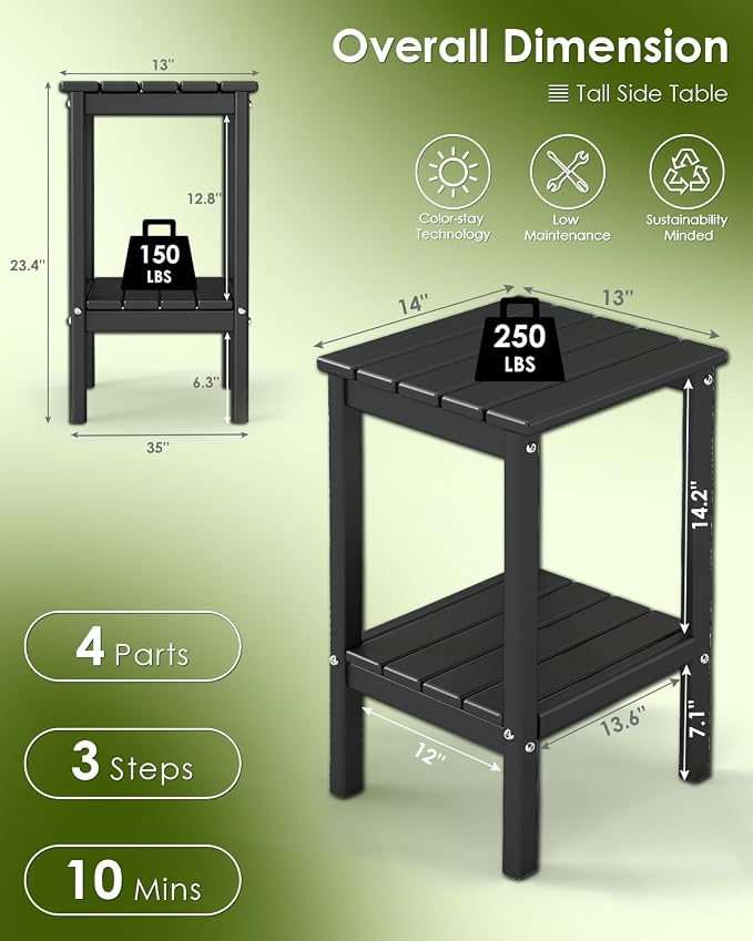 GREENVINES Tall-Outdoor-Side-Table | 23.5" | HDPE Plastic | Patio Adirondack End Tables | All Weather | 2-Tier | Black | for Porch Garden Indoor & Rocking Chairs