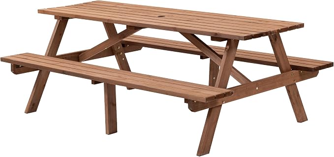 Hohuqeri Picnic Table Bench Set for 8 Persons, 6FT Large Camping Table, Wood Outdoor Dining Beer Table Set with 2” Umbrella Hole for Patio Lawn Garden (Brown)