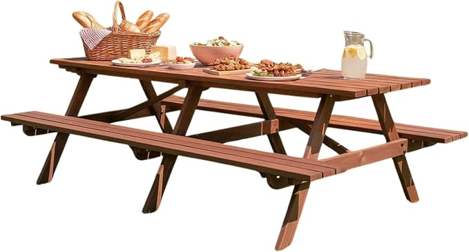 12 Person Outdoor Wooden Picnic Tables with Benches for Patio Garden Backyard Large Outside Dining Table Set with Umbrella Hole