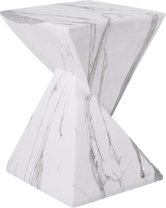 Merax 18.5" H Modern Outdoor Concrete Side Table, Patio End Table with Sculptural Fluted Design, Weather-Resistant Geometric Minimalism Accent Table for Garden, Balcony & Poolside, White Marble