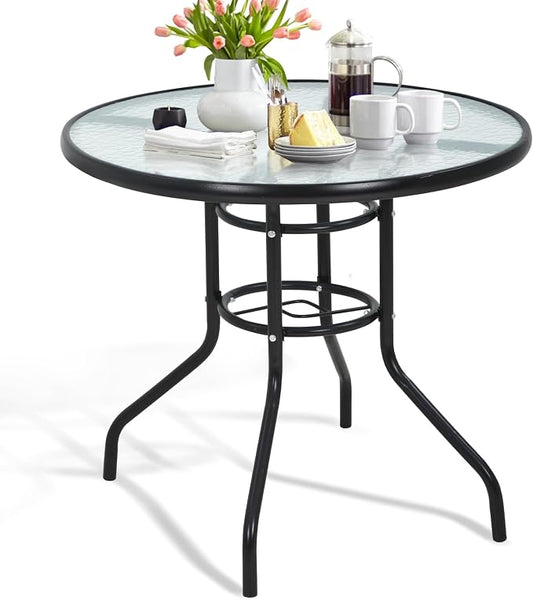 Dkeli Outdoor Table 31.9 Round Bistro Table with Umbrella Hole Tempered Glass Metal Patio Table for Outside,Indoor,Poach, Black