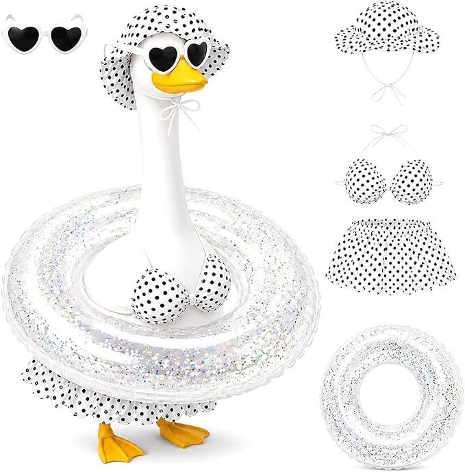 STONESTAR Hawaiian Porch Goose Outfits with Hat Sunglasses & Swim Ring, Summer Bikini Goose Outfit Clothes Costume Fits 23" Cement Geese Statue, Summer Garden Lawn Patio Yard Outdoor Decor