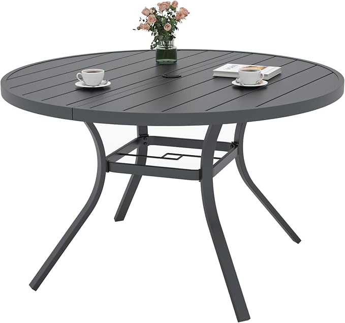 Outdoor Patio 48" Round Table and Brown Swivel Chairs Dining Set 5 Style1 | 4 Piece Swivel Chairs: High Back, Retro Armrest, Textilene Fabric, Rocking; 48 inch Metal Round Table, All Weather