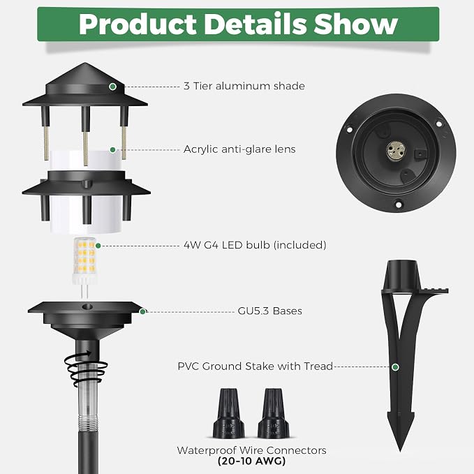 Pagoda Low Voltage Landscape Pathway Lights, 12V Outdoor LED Path Lights Wired, Aluminum Walkway Lighting with 4W 2700K Replaceable G4 Bulb, Classic 3-Tier Lantern, 12 Pack