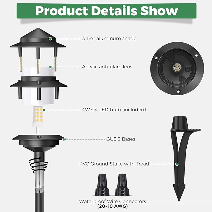 Pagoda Low Voltage Landscape Pathway Lights, 12V Outdoor LED Path Lights Wired, Aluminum Walkway Lighting with 4W 2700K Replaceable G4 Bulb, Classic 3-Tier Lantern, 6 Pack