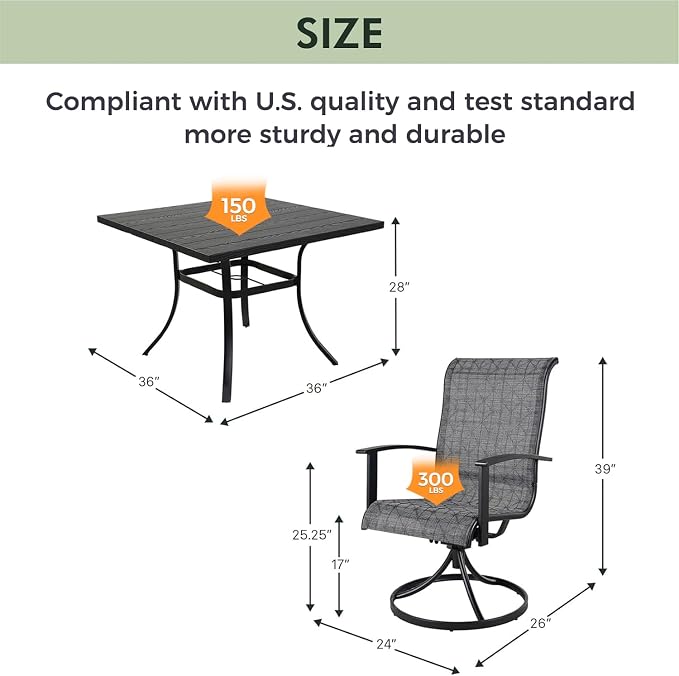 Grand patio Outdoor Dining Set of 5, Outdoor Table and Chairs Set, 4 Padded Mesh Sling Swivel Rocker Patio Chair & 36'' x36'' Square Dining Table(1.5'' Umbrella Hole), Black & Grey Plaid