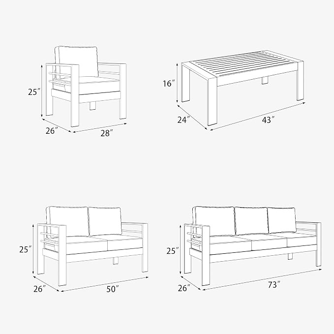 7 Pieces Aluminum Outdoor Patio Furniture Set with Coffee Table, Modern Metal Conversation Sofa Set with Deep Seating for Porch