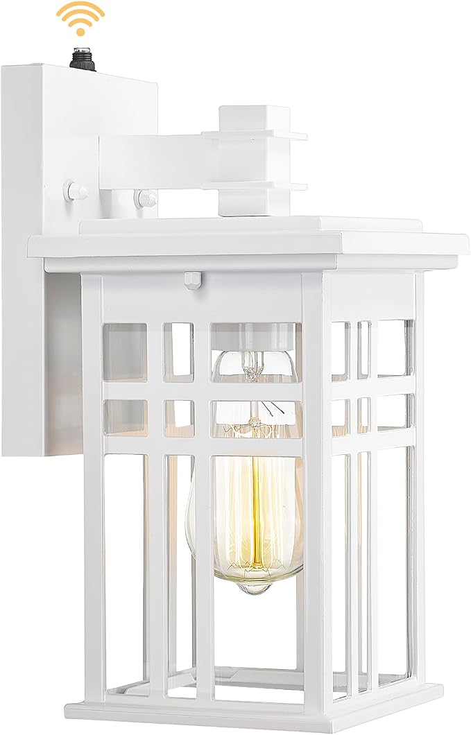 Dusk to Dawn Sensor Outdoor Wall Sconce - HWH Exterior Wall Lantern Light Fixture for Porch, Garage, Doorway, Garden, Glossy White Finish, 5HD27B-PC WH