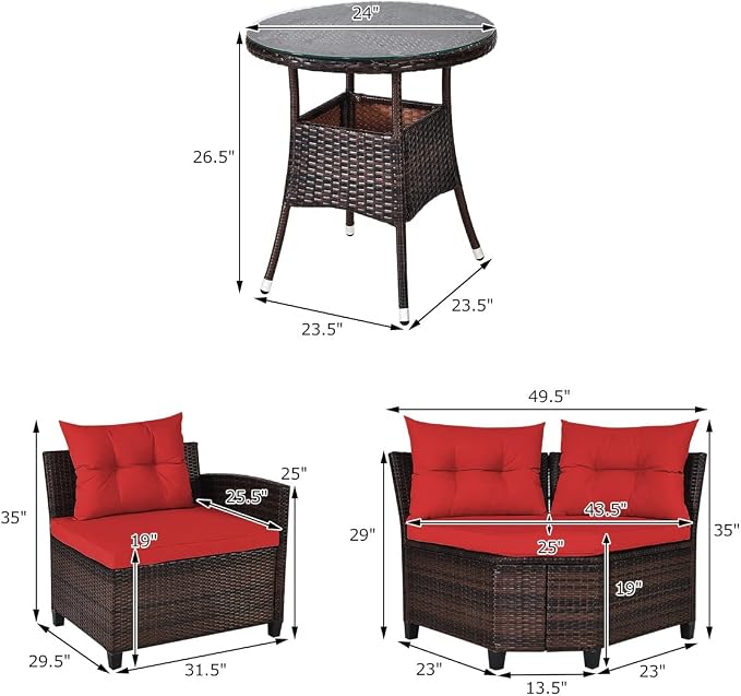 COSTWAY 4-Piece Patio Furniture Set, Wicker Rattan Sofa with Cushions and Coffee Table, Outdoor Sectional Conversation Sofa Set for Poolside Backyard Lawn Backyard (Red)