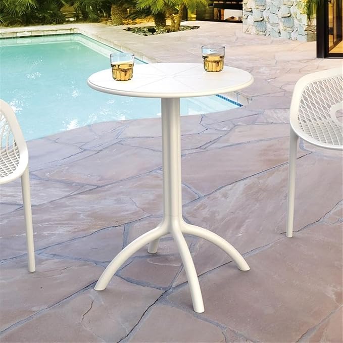 Pemberly Row Round Patio Bistro Table, 23 in Diameter, Resin Polypropylene, White Finish, UV Resistant, Durable Outdoor Dining Table for Pool, Beach, Heavy Use Areas