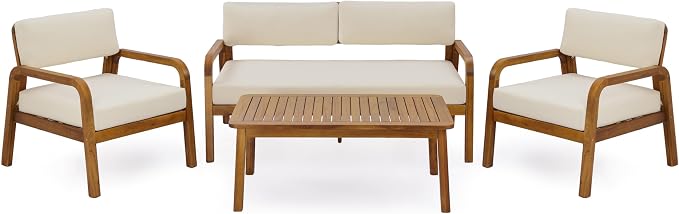 Christopher Knight Home 4 Piece Outdoor Conversation Sofa Set with Coffee Table, Acacia Wood Patio Furniture Set with Cushions, Loveseat 2 Chairs and Table, Teak Finish Outdoor Seating Set