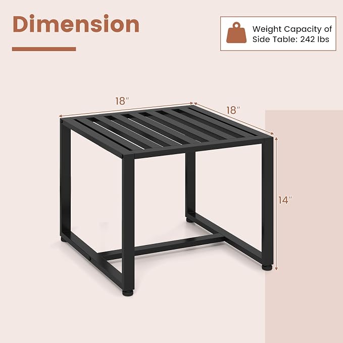 KOMFOTT Set of 2 Outdoor Side Tables, Square Sofa Side Tables w/Slatted Top, Metal Frame Indoor End Table for Small Spaces, Patio, Yard, Garden, Porch, Living Room (Black)