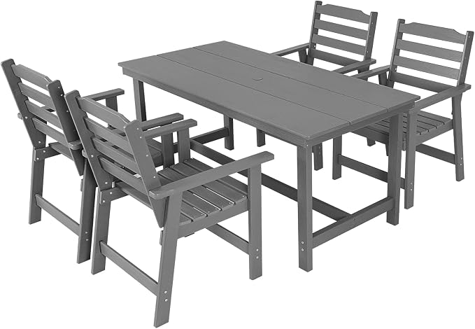 FUNBERRY Outdoor Dining Set, HDPE 5 Piece Dining Table Set with Chairs | 2" Umbrella Hole Table, Wood-Grain, HDPE All Weather, No Rot or Rust or Crack, UV Fade Shield, Easy-Clean for Outside