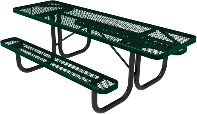 COATEDOUTDOORFURNITURE Heavy-Duty Portable ADA-Compliant Outdoor Picnic Table, Expanded Metal Patio Dining Furniture Made in America (8ft Rectangular, Both-Side Handicap, Textured Dark Green)
