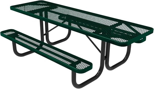 COATEDOUTDOORFURNITURE Heavy-Duty Portable ADA-Compliant Outdoor Picnic Table, Expanded Metal Patio Dining Furniture Made in America (8ft Rectangular, Both-Side Handicap, Textured Dark Green)