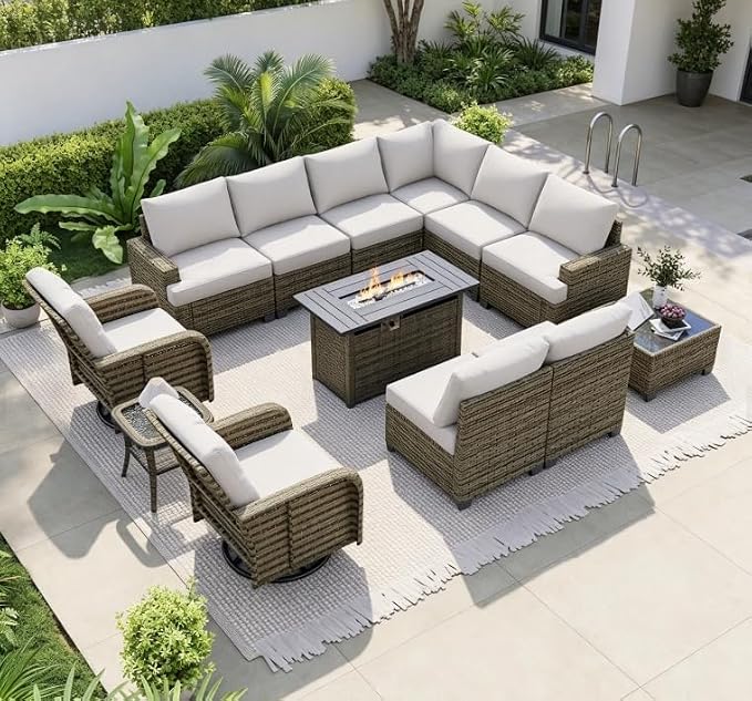 LET'S PATIO Luxury Patio Furniture Set with Fire Pit Table，13 Piece Outdoor Furniture Sectional Set with Swivel Rocker Chairs of 2，All-Weather Patio Sectional Sofas with Thickened Cushions, Grey