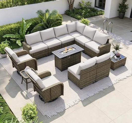LET'S PATIO Luxury Patio Furniture Set with Fire Pit Table，13 Piece Outdoor Furniture Sectional Set with Swivel Rocker Chairs of 2，All-Weather Patio Sectional Sofas with Thickened Cushions, Grey