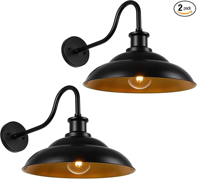 Outdoor Barn Light Fixture, Farmhouse 16 Inch Dome Large Black Exterior Wall Sconce, Industrial Wall Lantern for Porch, House, Garage, Patio, Front, 2 Pack