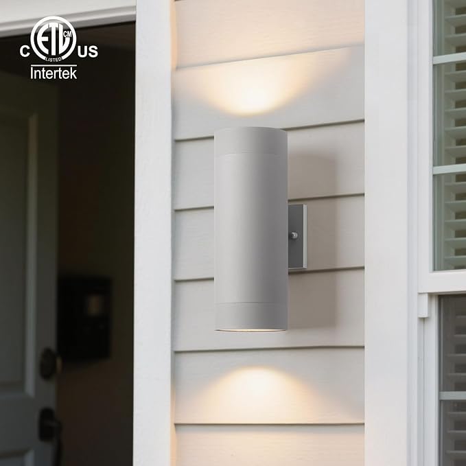 mirrea 14" Modern Outdoor Porch Light in 2 Lights, Matte Gray, 2 Pack | Aluminum cylinder exterior fixtures, tempered glass cover, waterproof wall sconce & patio light for outdoor use.