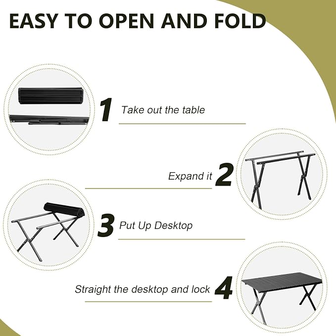 3.4 Ft Folding Portable Picnic Camping Table, Aluminum Roll-up Table with Easy Carrying Bag for Indoor, Outdoor, Beach, Backyard, BBQ, Party, Patio, Picnic